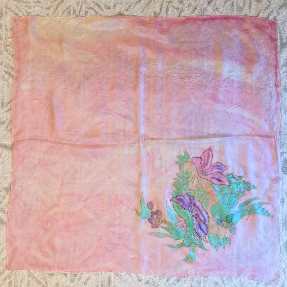 Vintage Hand-Painted Pink Scarf - Face with Tropical Flowers/Foliage
